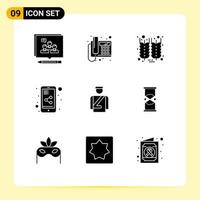 Set of 9 Commercial Solid Glyphs pack for hotel share mobile device share document wheat Editable Vector Design Elements