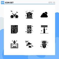 Group of 9 Modern Solid Glyphs Set for marketing video cloud report document Editable Vector Design Elements