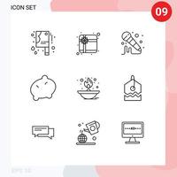 Group of 9 Modern Outlines Set for label lamp sound flame light Editable Vector Design Elements