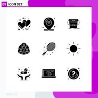 Pack of 9 Modern Solid Glyphs Signs and Symbols for Web Print Media such as ball clone wifi gang water Editable Vector Design Elements