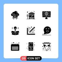 Pack of 9 Modern Solid Glyphs Signs and Symbols for Web Print Media such as design light computer idea box Editable Vector Design Elements