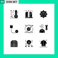 Pack of 9 creative Solid Glyphs of good ok settings hardware cord Editable Vector Design Elements