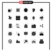 Group of 25 Modern Solid Glyphs Set for space craft vegetable game turnip head Editable Vector Design Elements