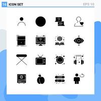 16 User Interface Solid Glyph Pack of modern Signs and Symbols of website video laptop page heart Editable Vector Design Elements