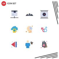 9 User Interface Flat Color Pack of modern Signs and Symbols of upload reading mountain cloud video app Editable Vector Design Elements