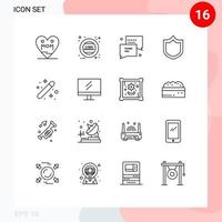 Mobile Interface Outline Set of 16 Pictograms of designing creative thank shield defense Editable Vector Design Elements