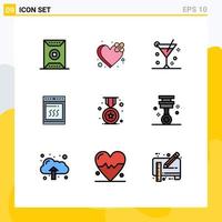 Mobile Interface Filledline Flat Color Set of 9 Pictograms of award microwave heart kitchen summer Editable Vector Design Elements