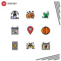 Pack of 9 Modern Filledline Flat Colors Signs and Symbols for Web Print Media such as location seo sign board browser cpc Editable Vector Design Elements
