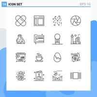 Universal Icon Symbols Group of 16 Modern Outlines of medical lab fire work flask focus Editable Vector Design Elements