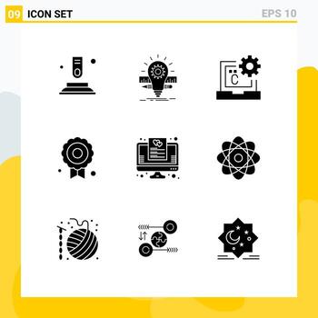 conjunto de pictogramas de 9 glifos sólidos simples de certificado de escala de medalla de lista de deseos desarrollar elementos de diseño vectorial editables vector