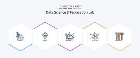 paquete de iconos de 25 líneas completas de laboratorio de fabricación y ciencia de datos que incluye información. datos. prueba. Procesando. herramientas vector