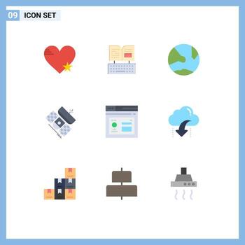 Pictogram Set of 9 Simple Flat Colors of satellite broadcasting facebook broadcast online Editable Vector Design Elements