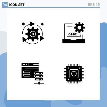 4 Solid Glyph concept for Websites Mobile and Apps setting programming gear coding network server Editable Vector Design Elements