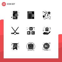 Mobile Interface Solid Glyph Set of 9 Pictograms of blocks alphabet ecology american ice sport Editable Vector Design Elements