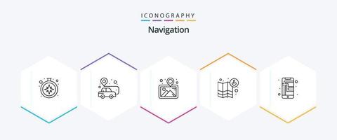 paquete de iconos de 25 líneas de navegación que incluye mapa. mapa. arte. descargar. alfiler vector