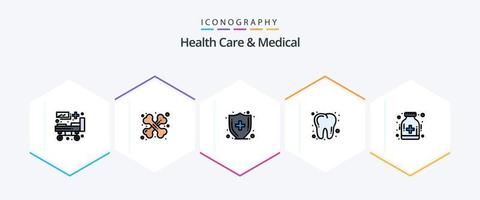 Health Care And Medical 25 FilledLine icon pack including hospital. drug. health insurance. care. dentist vector