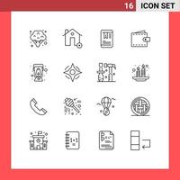 grupo de símbolos de iconos universales de 16 contornos modernos de elementos de diseño de vectores editables de finanzas de usuario móvil de billetera de linterna