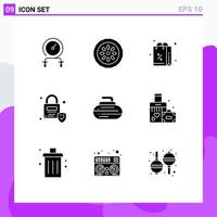 Modern Set of 9 Solid Glyphs and symbols such as bowls locked kitchen lock purchases Editable Vector Design Elements