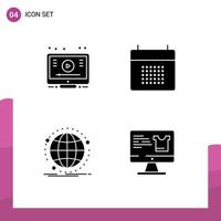 Set of 4 Modern UI Icons Symbols Signs for learn data youtube date internet Editable Vector Design Elements