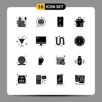 Pack of 16 Modern Solid Glyphs Signs and Symbols for Web Print Media such as computer drink phone saucepan iphone Editable Vector Design Elements