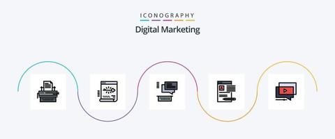 la línea de marketing digital llenó el paquete de iconos planos 5 que incluye web. noticias. documento. documento. charlando vector