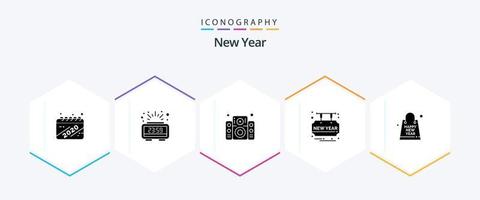 New Year 25 Glyph icon pack including gift. party time. music. happy. card vector