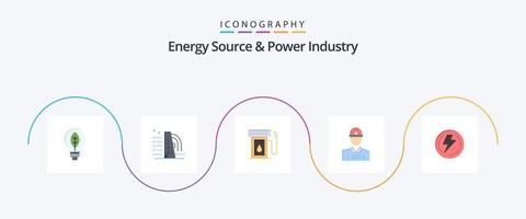 Energy Source And Power Industry Flat 5 Icon Pack Including light. work. gasoline. worker. construction vector