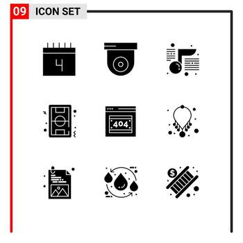Group of 9 Modern Solid Glyphs Set for error page game note soccer field Editable Vector Design Elements