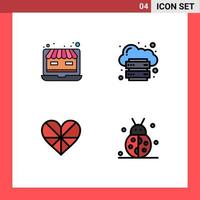 4 User Interface Filledline Flat Color Pack of modern Signs and Symbols of laptop heart online store infrastructure like Editable Vector Design Elements