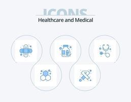 diseño de icono azul médico icon pack 5. estetoscopio. diagnóstico. cinta. pastillas drogas vector
