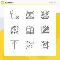 Set of 9 Vector Outlines on Grid for dish bottle egg target business Editable Vector Design Elements