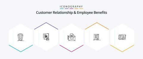 Customer Relationship And Employee Benefits 25 Line icon pack including book. money. cash. letter vector