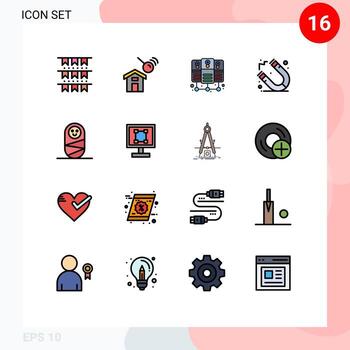 paquete de interfaz de usuario de 16 líneas básicas llenas de colores planos de gráficos servidor de base de datos humana imán infantil elementos de diseño de vectores creativos editables