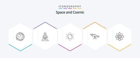 paquete de iconos de 25 líneas de espacio que incluye espacio. telescopio. lanzamiento. clima. planeta vector