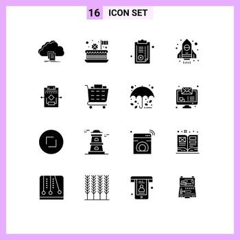Set of 16 Vector Solid Glyphs on Grid for workflow spaceship festival rocket paper Editable Vector Design Elements