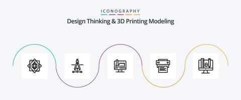 paquete de iconos de la línea 5 de modelado de impresión y pensamiento de diseño, incluida la educación. educación. computadora. impresión. impresora vector