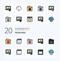 Paquete de iconos de color relleno de línea multimedia de 20 como cargar carpeta de imagen nueva adición vector