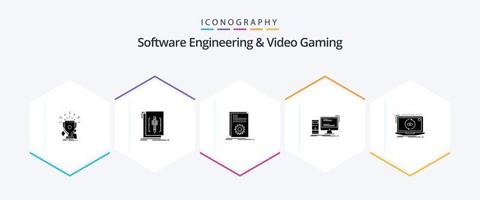 Software Engineering And Video Gaming 25 Glyph icon pack including gaming. computer. language. script. file vector