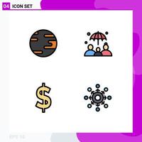 4 User Interface Filledline Flat Color Pack of modern Signs and Symbols of earth network insurance currency connect Editable Vector Design Elements