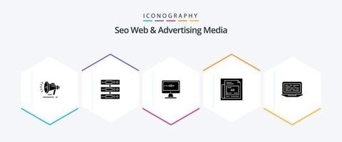 seo web y medios publicitarios paquete de iconos de 25 glifos que incluye el título. anuncio. archivos periódico. pantalla vector