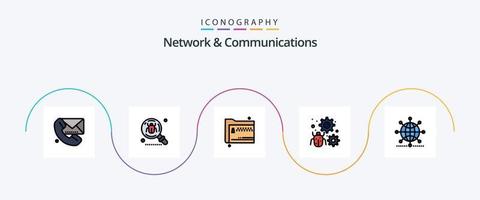 Network And Communications Line Filled Flat 5 Icon Pack Including bug. configure. insect. zip. files vector