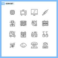 Group of 16 Modern Outlines Set for captain captain display shot vaccine Editable Vector Design Elements