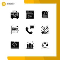 Pictogram Set of 9 Simple Solid Glyphs of contact us communication document call financial Editable Vector Design Elements