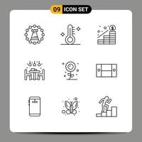 9 User Interface Outline Pack of modern Signs and Symbols of farming light weather living money Editable Vector Design Elements