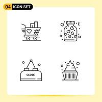 Mobile Interface Line Set of 4 Pictograms of trolly food heart love close Editable Vector Design Elements
