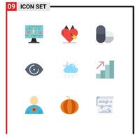 Mobile Interface Flat Color Set of 9 Pictograms of weather cloud favorite vision face Editable Vector Design Elements