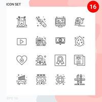 Universal Icon Symbols Group of 16 Modern Outlines of youtube hotel wedding machine weather Editable Vector Design Elements