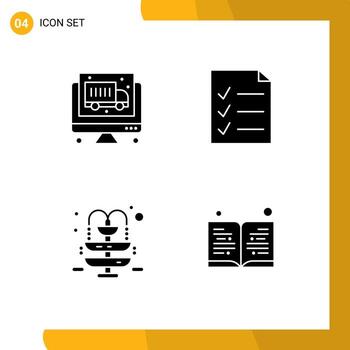 Set of 4 Vector Solid Glyphs on Grid for computer book document fountain read Editable Vector Design Elements