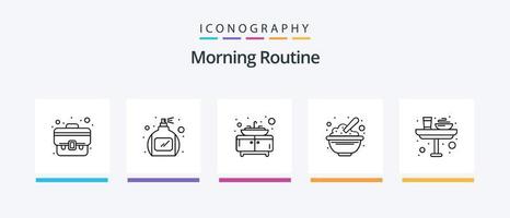 Morning Routine Line 5 Icon Pack Including food. cake. bedroom. machine. fen. Creative Icons Design vector