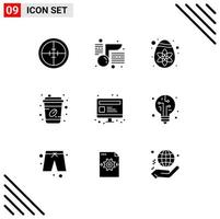 9 Universal Solid Glyphs Set for Web and Mobile Applications seo takeout school cup coffee Editable Vector Design Elements
